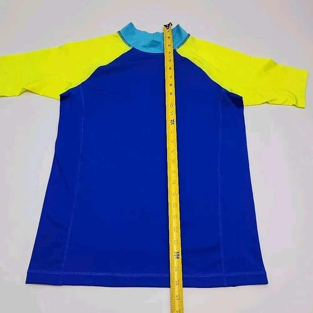 Lands End Rash Guard Swim Shirt Blue Yellow Short Sleeve Boy Youth XL 14-16 Mock
